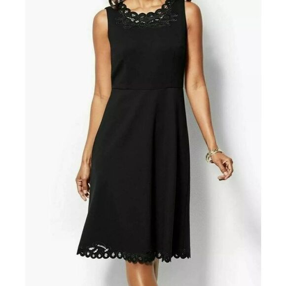 Talbots Fit and Flare Black Ponte Knit Dress with embroidered scallop neckline a - Picture 2 of 11